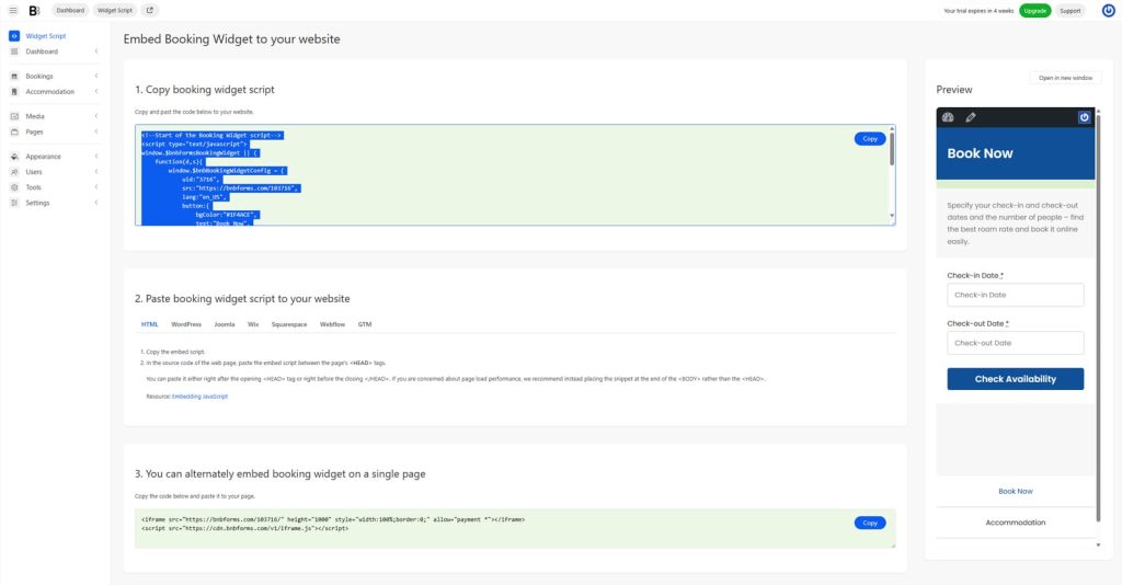 Illustration of widget script tab for integrating a booking form into your direct booking short term rental website.