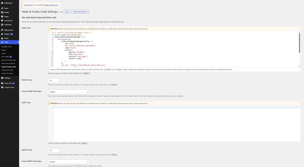 Image of head code section in WordPress dashboard.