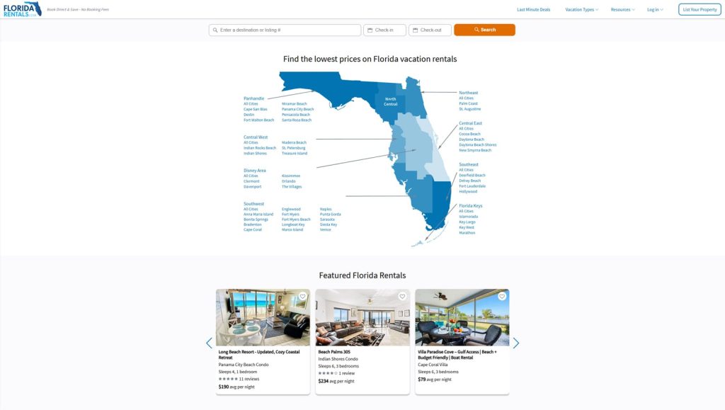 Portrait of FloridaRentals, a platform where to list rental property with no booking commissions.