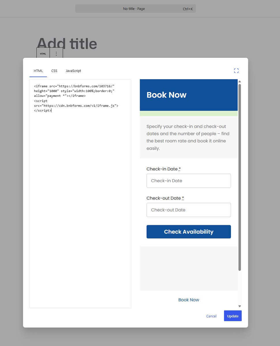 Figure of HTML code of an embeddable booking form.
