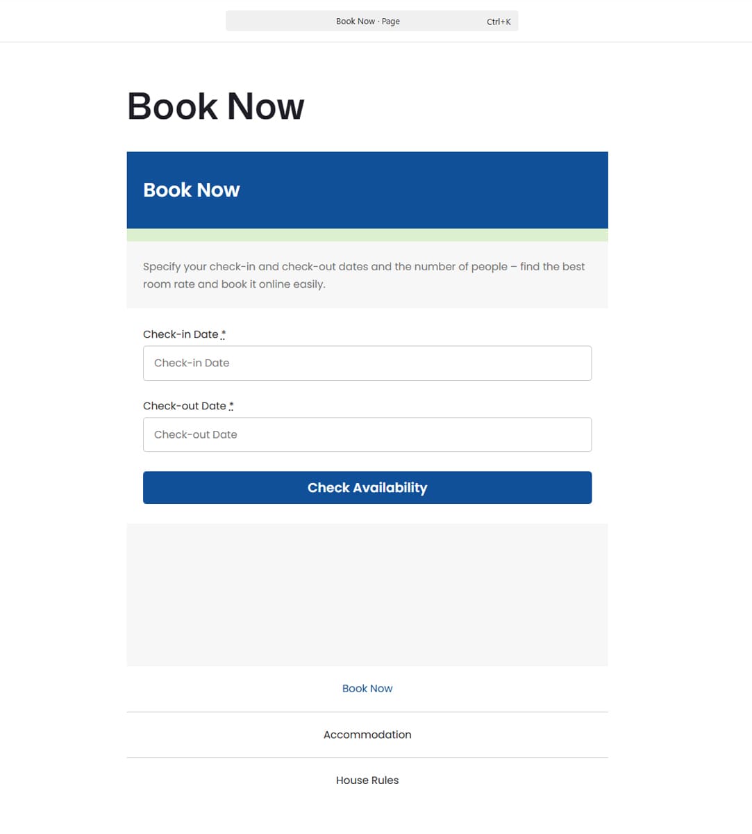 Picture of booking form in editor of a direct booking short term rental website.