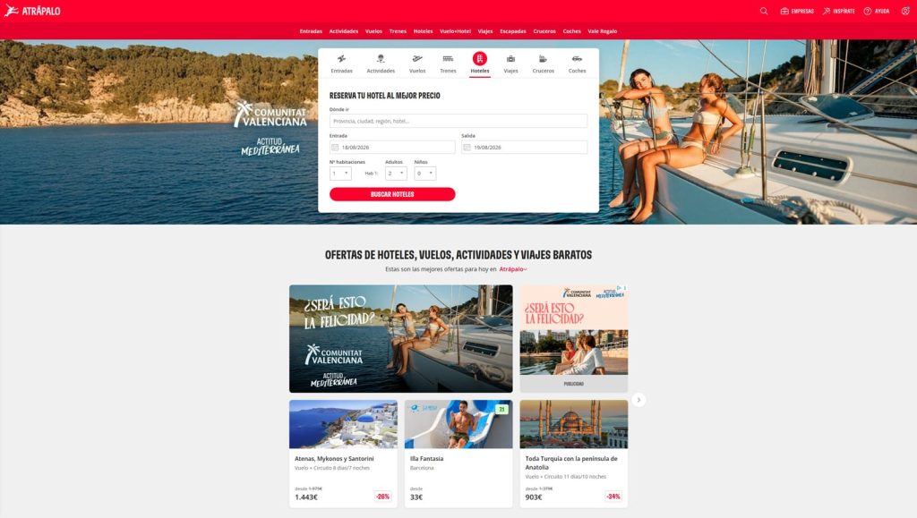 Representation of Atrápalo, a Spanish-speaking rental platform with diverse vacation packages designed to increase STR exposure.