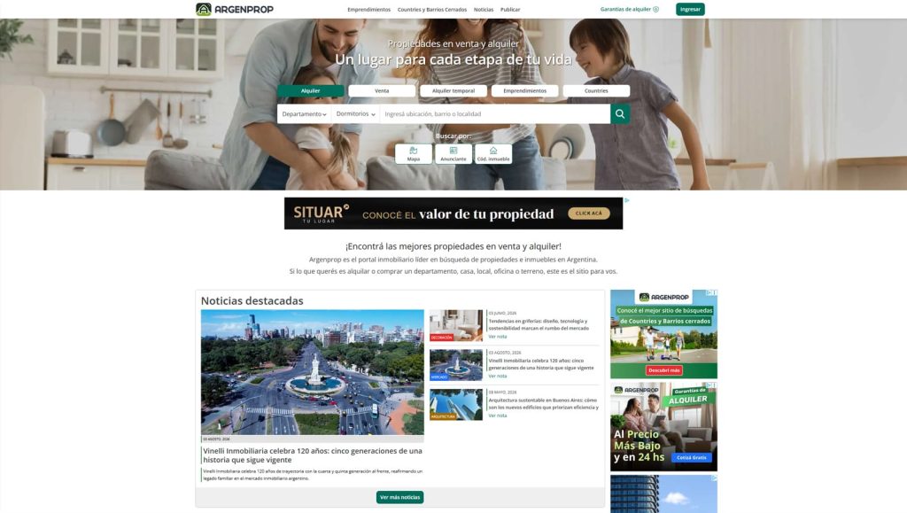 Visual of Argenprop Temporarios, a platform where to list rental property with an interactive map search.