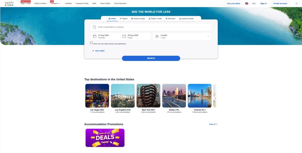 Illustration of Agoda, an Asia-Pacific platform for vacation rentals with a property management dashboard.