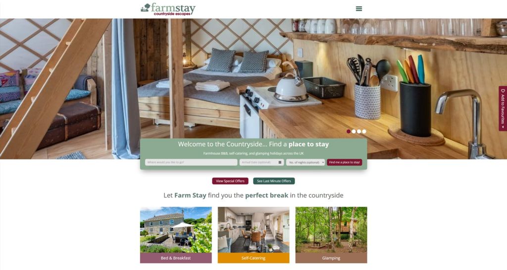 Snapshot of Farm Stay UK, a farm-stay rental platform with easy property search by region.