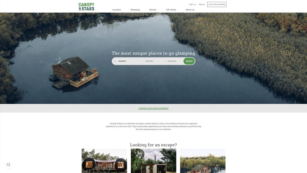 View of Canopy & Stars, a platform where to list rental property with search filters for unique features.