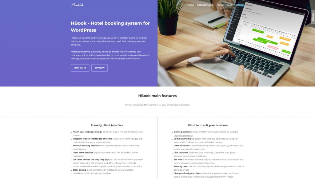 Graphic of HBook, a fully fledged booking plugin for hotels with easy WordPress front-end integration.