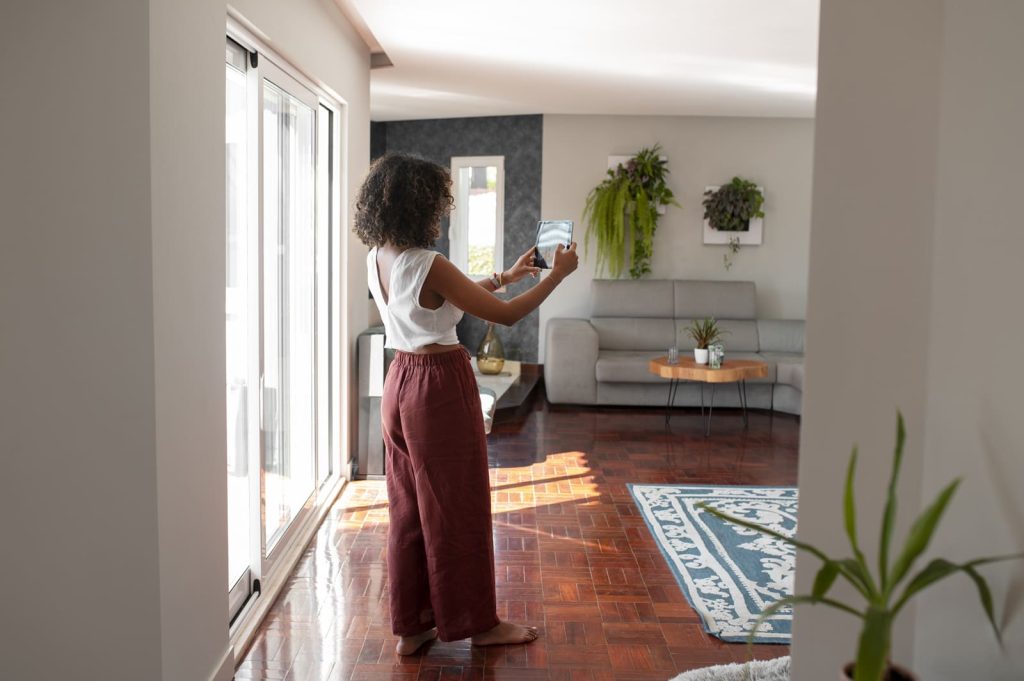 Photograph of a woman taking photos of a clean property using her tablet.