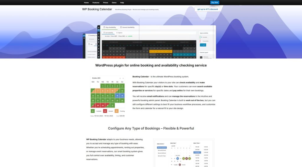 Graphic of WP Booking Calendar, one of the WordPress hotel booking plugins with an unlimited number of booking resources.
