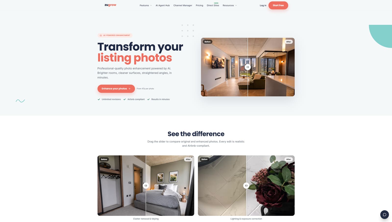Representation of the Zugrow website designed for AI image enhancement of your property photos as one of the tips for Airbnb photos.